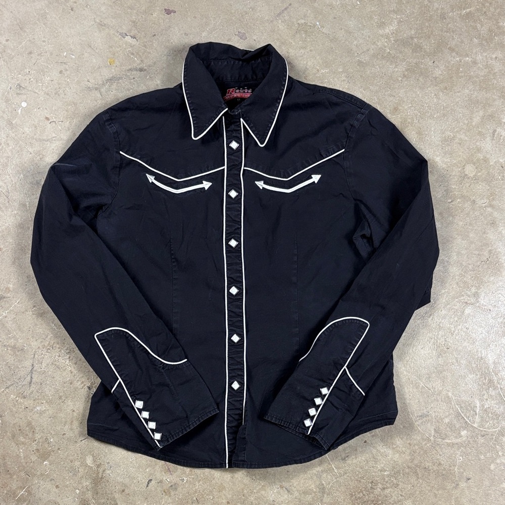 Women's Y2K Route 66 Black Western Shirt with White Button Snaps Size 14